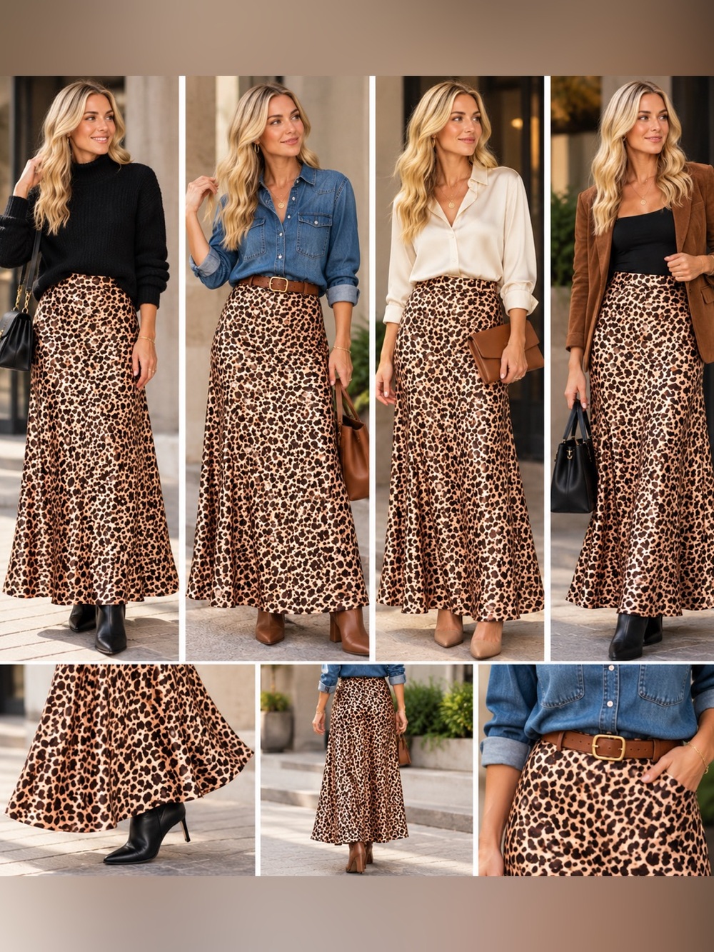 Leopard Print Satin Maxi Skirt Women’s XL Animal Print Flowy A-Line Statement